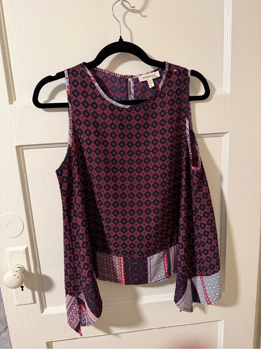 Monteau Navy Burgundy Geometric Sleeveless Handkerchief Hem Blouse Sz L Office